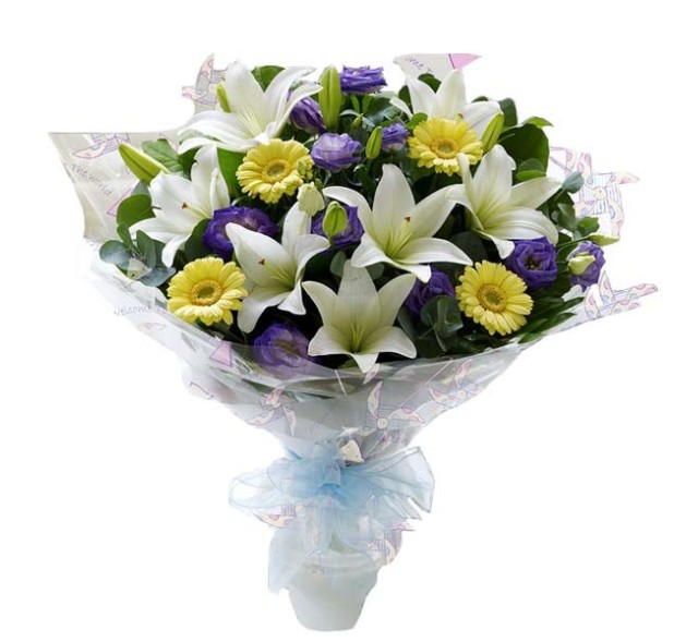 Μπουκέτο σε λευκό-λιλά-κίτρινο 