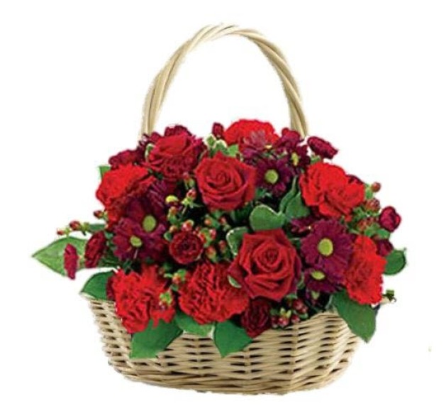 Καλάθι με διάφορα λουλούδια και τριαντάφυλλα 